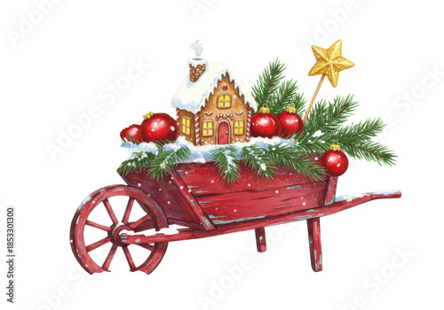 whimsical watercolor illustration of a snowy gingerbread house with glowing windows inside a rustic red wheelbarrow decorated with fir and glossy red baubles, on white. christmas greeting card concept