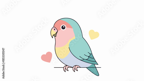 Vividly illustrated parrot with hearts on a branch-like line