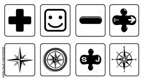 Black and white vector icon set featuring navigation, user interface, and abstract symbols like plus, minus, smiley, and compass roses.