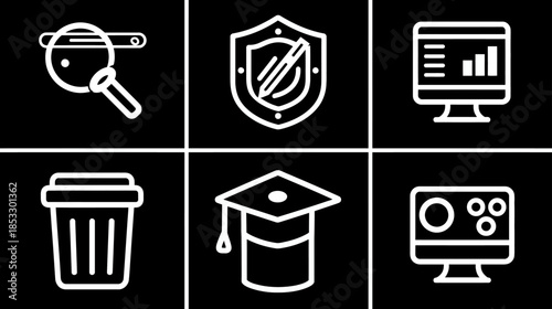 Modern digital white line icon set for technology, business, education, and user interface design on black background.