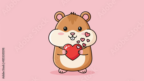 Cartoon hamster holding a red heart with floating hearts on a pink background