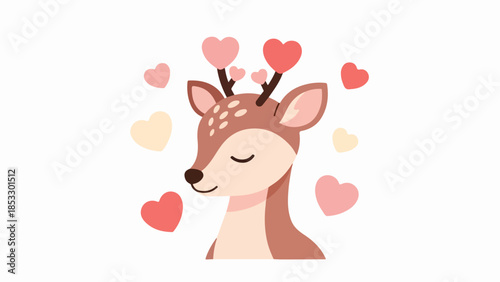 Hand-drawn illustration of a serene deer with heart-adorned antlers and scattered hearts in warm tones