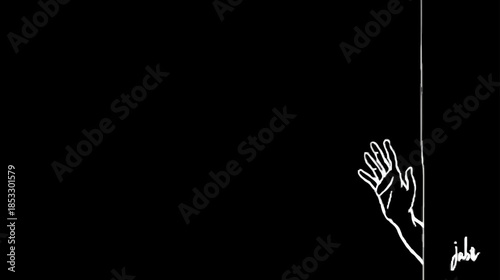 Stylized white line art illustration of a human hand reaching out from a dark black background, concept of seeking or emergence.