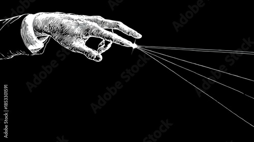 Stylized human hand manipulating multiple glowing light beams against a deep black background, conceptual illustration