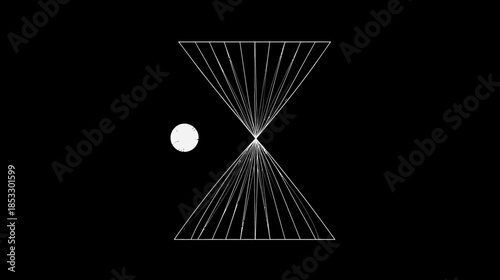 Abstract Geometric Design with White Circle and Symmetrical Radiating Lines on Black Background, Modern Minimalist Art
