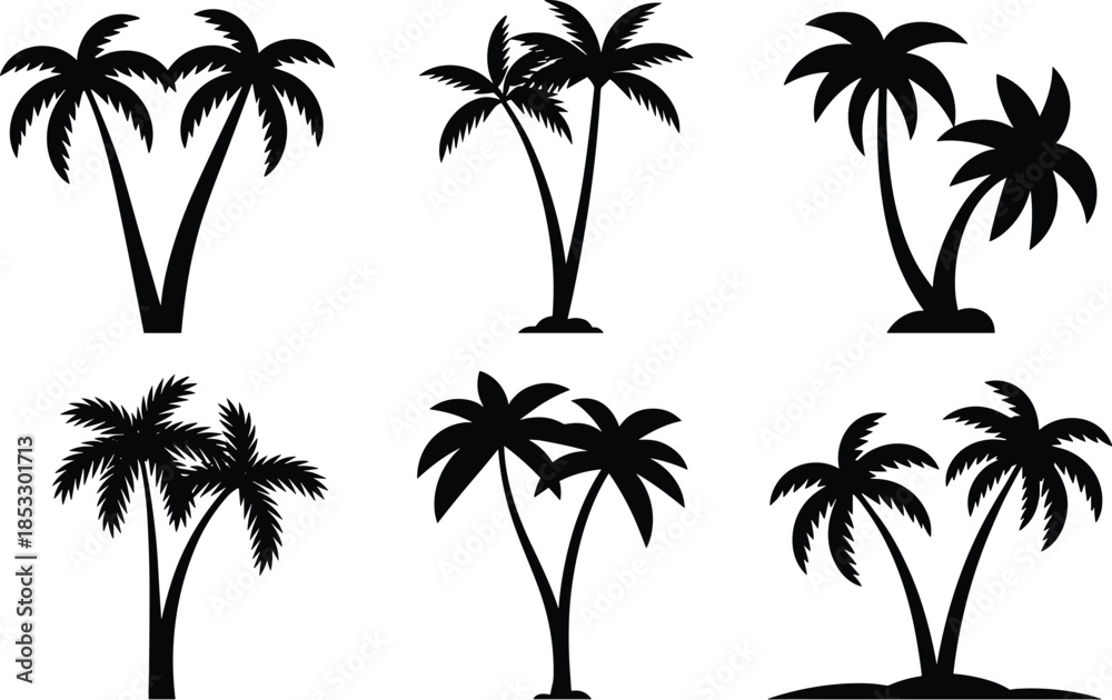 Fototapeta premium Palm tree silhouettes on tropical beach vector illustration, Vector illustration.
