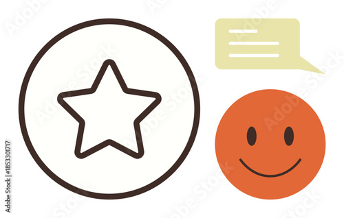 Star outline, orange happy face, and light speech bubble represent feedback, quality, user review, rating, communication, positivity and customer support. Ideal for user experience branding