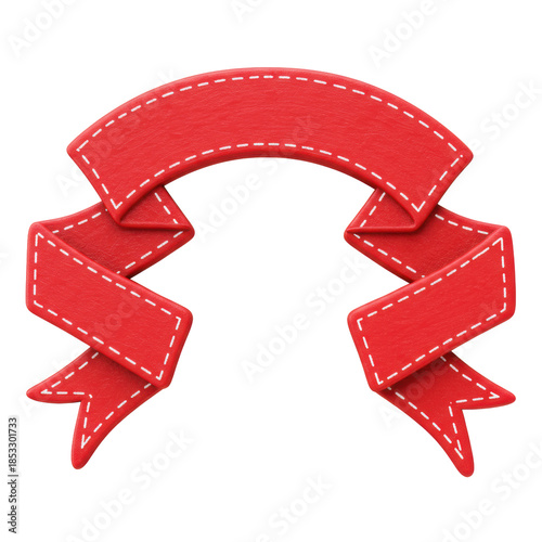 vibrant scarlet red arched ribbon banner, 3d rendered with rough crayon texture and white stitching, isolated on a transparent background. concept for festive announcement graphic design