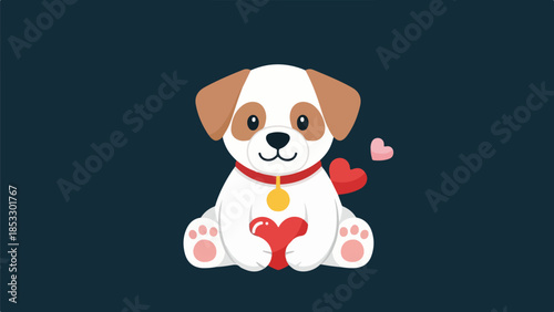 Playful puppy with a red heart and a red collar with a yellow tag on a dark gray background