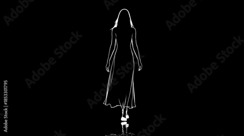 Mysterious white outline of a woman walking away, minimalist graphic silhouette on a dark black background with reflection.
