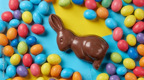 Chocolate easter bunny surrounded by colorful candy eggs on blue and yellow background
