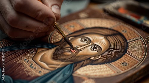 Artist hand painting details on an orthodox christian icon of jesus christ