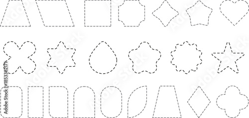 Line cut coupon with scissors. Borders with dashes of round, triangle, and rectangular shapes. Vector empty dotted frame templates for advertising design.. png