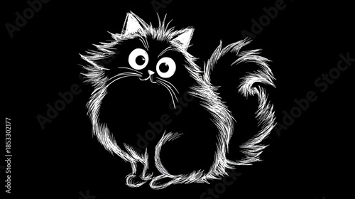 Cute fluffy black cat cartoon illustration with big expressive eyes. Hand-drawn sketch of a furry pet on a dark background.