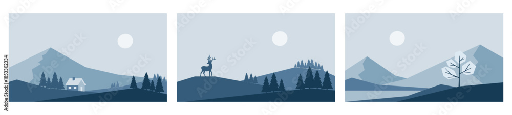 Fototapeta premium Minimalistic winter landscapes in blue colors. Mountains, fir tree and deer. Hand drawn vector illustrations