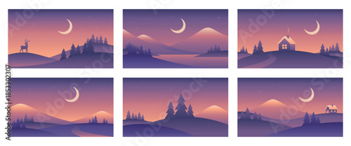 Minimalistic winter night landscape illustrations. Vector gradient images in purple colors
