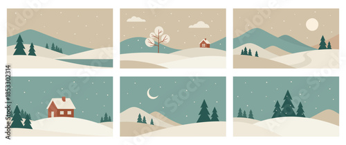 Minimalistic snowy winter landscape illustrations. Vector design in Scandinavian style