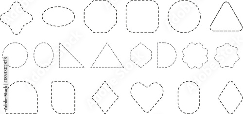 Line cut coupon with scissors. Borders with dashes of round, triangle, and rectangular shapes. Vector empty dotted frame templates for advertising design.. png