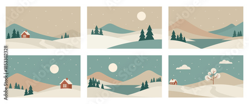 Minimalistic snowy winter landscape illustrations. Vector images in Scandinavian style