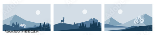 Minimalistic winter landscapes in blue colors. Mountains, fir tree and deer. Hand drawn vector illustrations