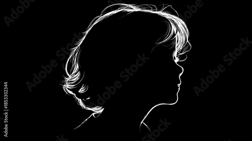 Mysterious back-lit profile silhouette of a person's head with wavy hair against a dark black background, high contrast studio shot.