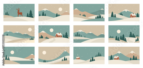 Minimalistic winter landscape illustrations in Scandinavian style. Hand drawn vector design
