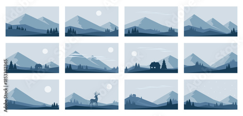 Minimalistic winter landscapes in blue colors. Mountains, fir trees and night sky. Hand drawn vector illustrations
