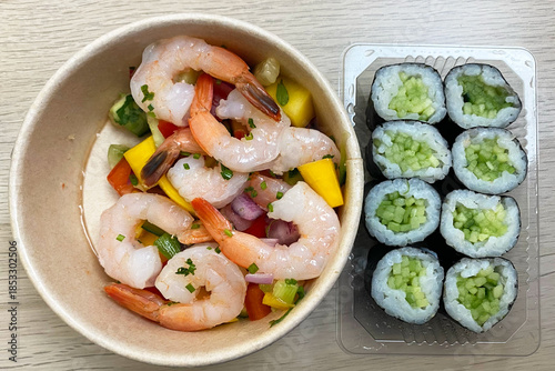 Fresh Shrimp Ceviche and Cucumber Sushi Rolls Platter