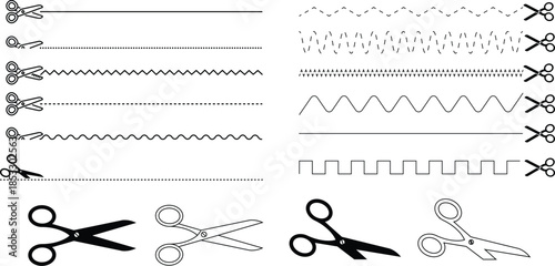 Scissors with cut line vector design. Dashed and dotted border for coupon or paper trimming. PNG