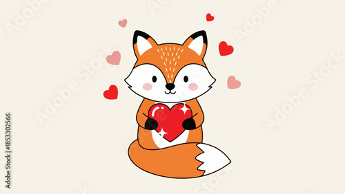 Illustration of a fox holding a heart with floating hearts around it