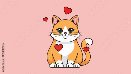 Stylized orange cat with white chest patch and red hearts on pink background