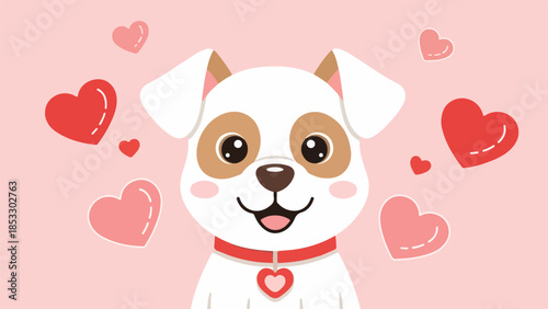 Cartoon illustration of a white dog with brown ears and a red collar with a heart tag surrounded by hearts on a pink background