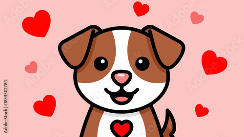 Cheerful cartoon dog with brown and white fur surrounded by red hearts on pink background