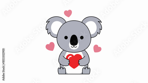 Cartoon koala holding a red heart with floating hearts around it