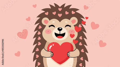 Hedgehog holding a red heart with smaller hearts around it on a light pink background