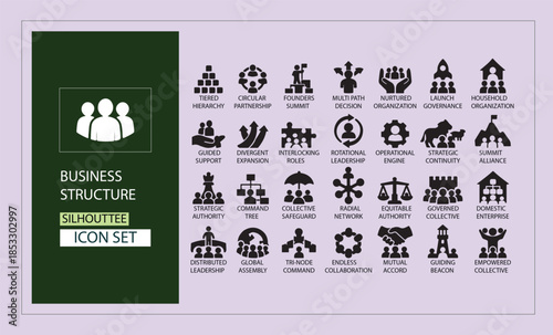 Business structure icon set. Company, office, business network, hierarchy, employees, organization, agency, workplace, corporation and more. Solid vector icons collection.