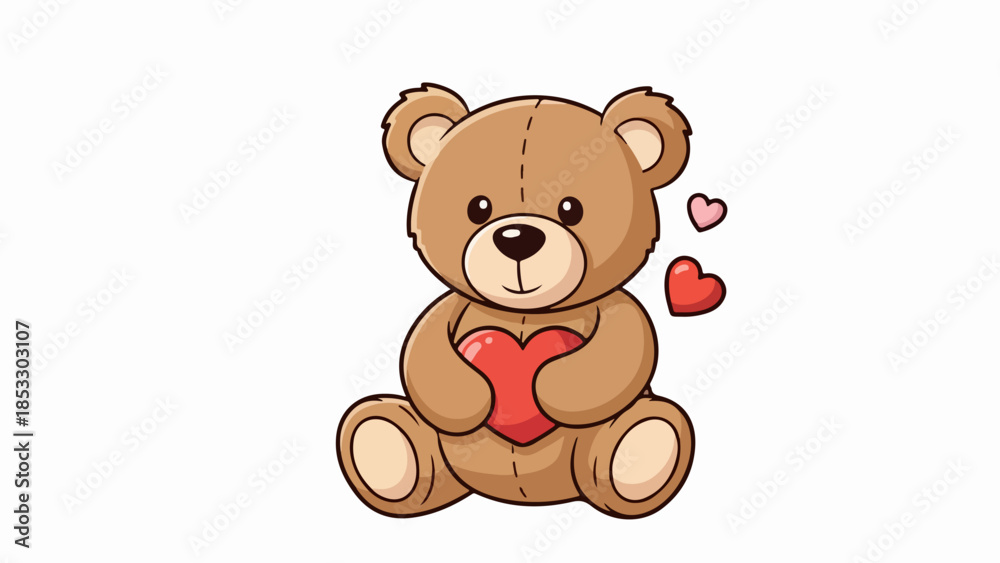 Obraz premium Hand-drawn illustration of a plush teddy bear holding a red heart with additional hearts in the background