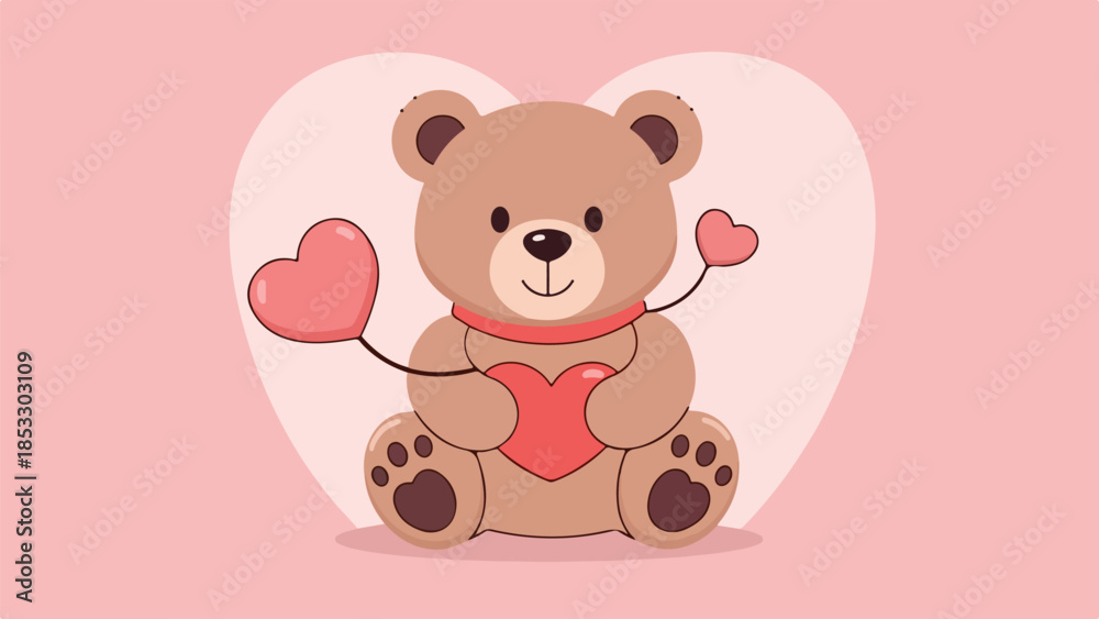 Obraz premium Charming teddy bear illustration with hearts and red ribbon on pink gradient background