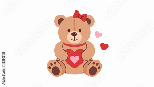 Charming illustrated teddy bear with red bow and heart-shaped ribbon on light beige background