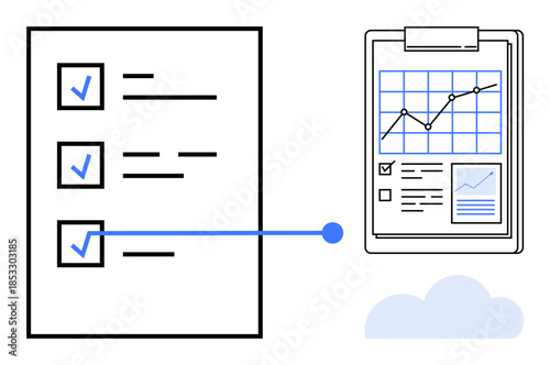 Business management, productivity, task planning, organization, success analysis, data visualization. Checklist linking to a chart with graphs and analytics. Business management and productivity