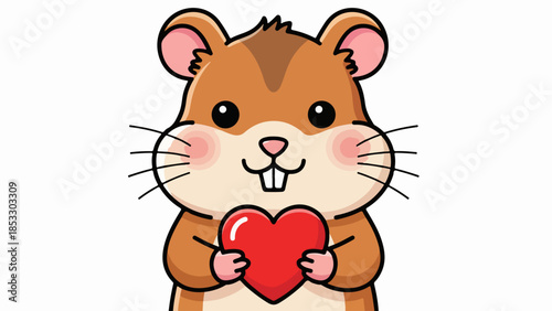 Cartoon hamster holding a red heart on a light beige background