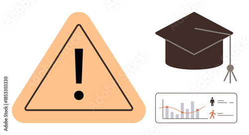 Exclamation mark in triangle, graduation cap, and data chart addressing education, caution, goals, success, progress, knowledge or strategy. Ideal for education risk goal management student