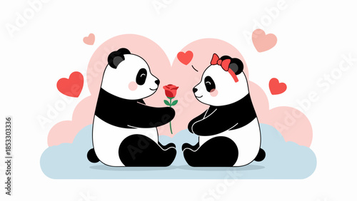 Two cartoon pandas sharing a tender moment with a red rose and bow on a pastel gradient background