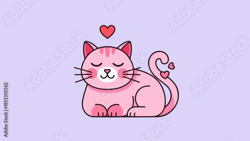 Pink cat illustration with heart on tail and floating heart above its head on light purple background