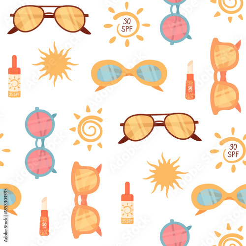 Flat seamless sunscreen bottle sunglasses background, spf sun and sunblock, cosmetic lotion cream repeat pattern. Seamless pattern for summer skincare, body care, fabric, wallpaper, or cosmetic