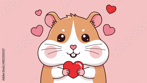 Light brown hamster with white cheeks holding a red heart surrounded by floating hearts on a light pink background