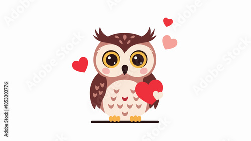 Cartoon owl holding a red heart with floating hearts around it