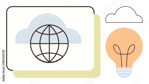 Globe within cloud representing global connectivity alongside a glowing lightbulb suggesting innovative ideas. Ideal for technology, innovation, communication, global reach, strategy, creativity
