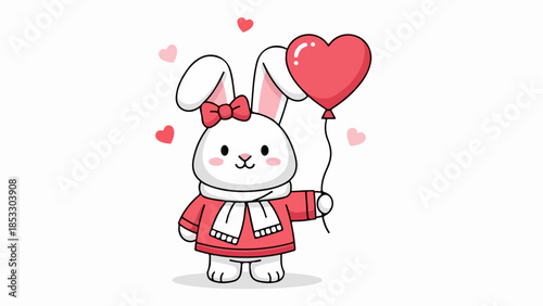 Cheerful cartoon rabbit with red bow and heart-shaped balloon illustration