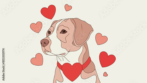 Beagle with red heart-shaped collar and floating hearts on beige background